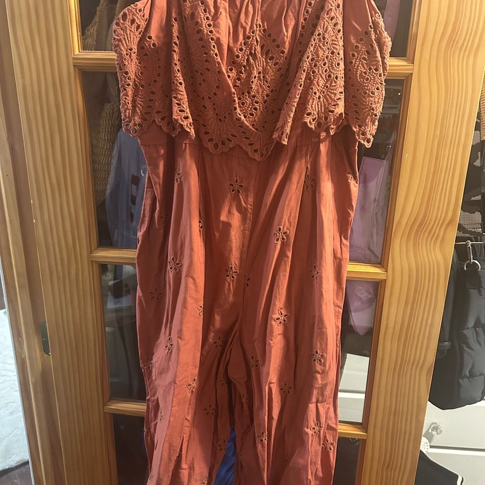 American Eagle Outfitters Eyelet Terracotta Jumpsuit w/ Scalloped Edges